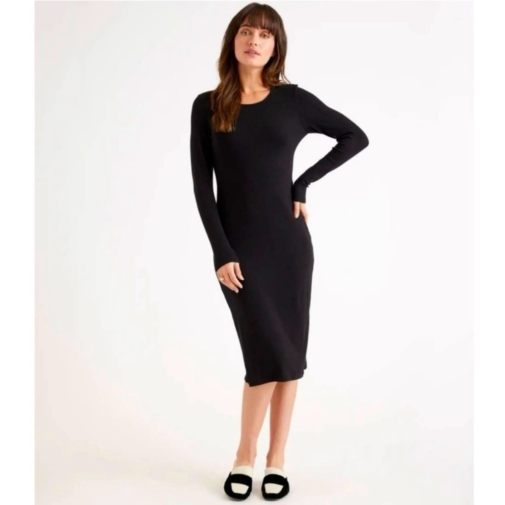 Quince Tencel Rib Knit Long Sleeve Midi Dress - Black